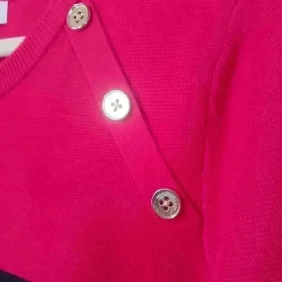 Red and black stripe Christmasy Crown and Ivy tartan sweater. Gold tone buttons. - Picture 5 of 5